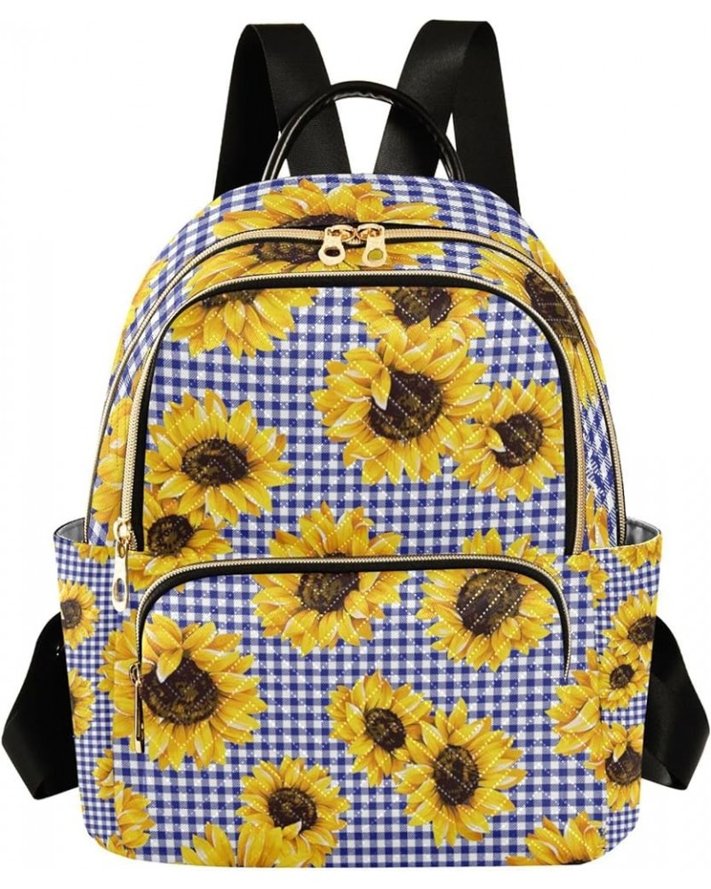 Sunflowers Blue White Plaid Backpack for Women Shoulder Bag Lightweight Mini Backpack Casual Daypack Back Pack for Travel Wor...