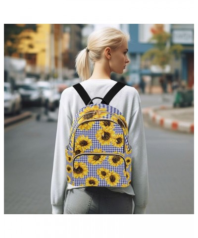 Sunflowers Blue White Plaid Backpack for Women Shoulder Bag Lightweight Mini Backpack Casual Daypack Back Pack for Travel Wor...