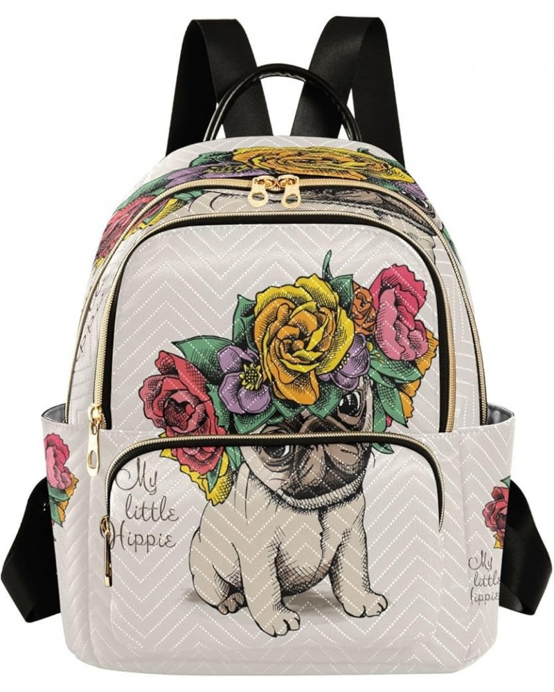 Fashion Backpack Mini Backpack Purse Casual Daily Backpack Hippie Pug Puppy with Rose for Travel for College Work Medium $16....