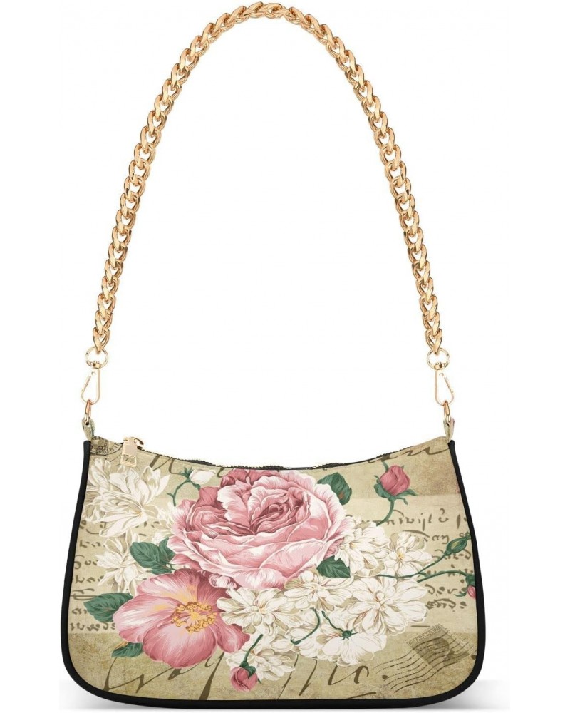 Shabby Chic Rose Flower Small Chain Shoulder Bag for Women Travel Hobo Tote Handbag Clutch Purse with Zipper $15.29 Totes