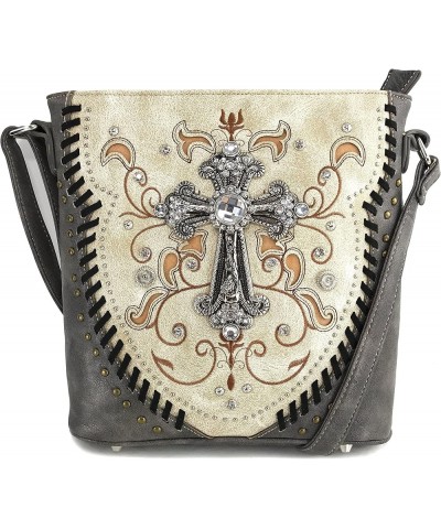 Cross Floral Embroidered Studded CCW Concealed Carry Shoulder Purse Handbag Wallet Beige Messenger Only $20.75 Shoulder Bags