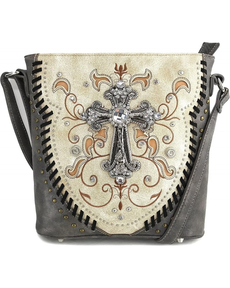 Cross Floral Embroidered Studded CCW Concealed Carry Shoulder Purse Handbag Wallet Beige Messenger Only $20.75 Shoulder Bags