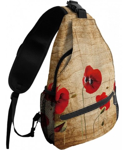 Sling Bag Crossbody Bag for Women Men Poppy Flower Rustic Wooden Background Waterproof Hiking Backpack Lightweight Chest Shou...