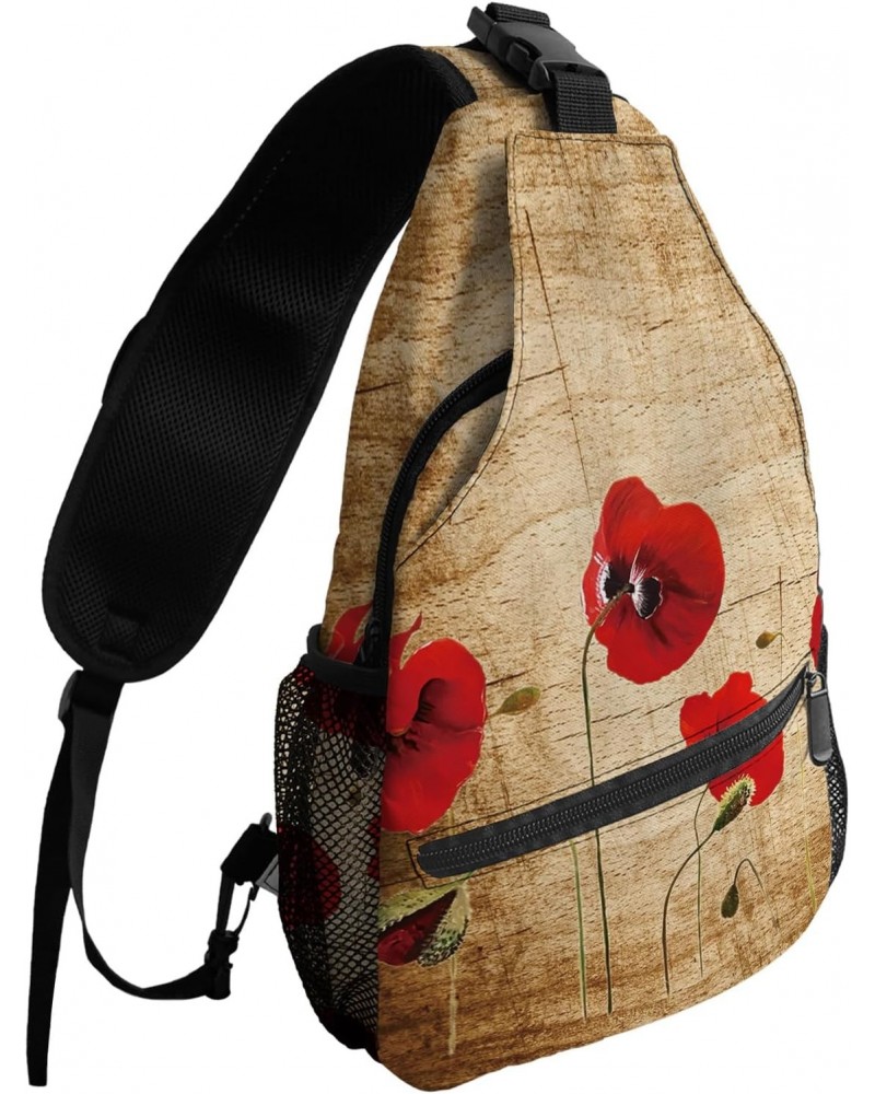 Sling Bag Crossbody Bag for Women Men Poppy Flower Rustic Wooden Background Waterproof Hiking Backpack Lightweight Chest Shou...