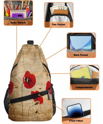 Sling Bag Crossbody Bag for Women Men Poppy Flower Rustic Wooden Background Waterproof Hiking Backpack Lightweight Chest Shou...