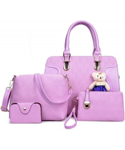 Women Tote Hobo PU Leather Clutches Shoulder Crossbody Bags Satchel Wallets Set 4pcs With Bear Ornament Purple $18.48 Totes