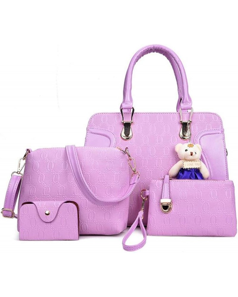 Women Tote Hobo PU Leather Clutches Shoulder Crossbody Bags Satchel Wallets Set 4pcs With Bear Ornament Purple $18.48 Totes