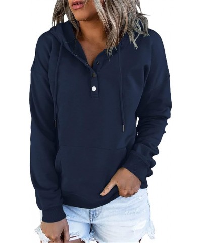 Womens Baggy Button V Neck Hoodies Fall Winter Drawstring Sweatshirts with Pocket Solid Color Casual Pullover Top Dark Blue $...