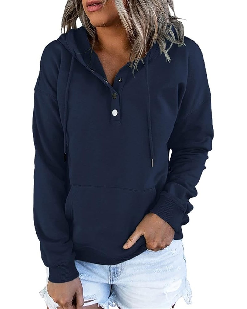 Womens Baggy Button V Neck Hoodies Fall Winter Drawstring Sweatshirts with Pocket Solid Color Casual Pullover Top Dark Blue $...