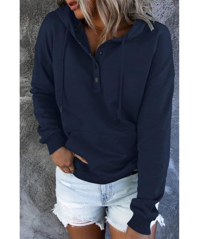 Womens Baggy Button V Neck Hoodies Fall Winter Drawstring Sweatshirts with Pocket Solid Color Casual Pullover Top Dark Blue $...