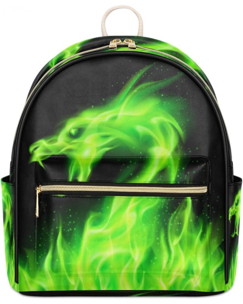 Green Fire Dragon Mini Backpack Purse for Women Teen Girls, Chinese Dragon Pattern Leather Small Backpack Lightweight Casual ...