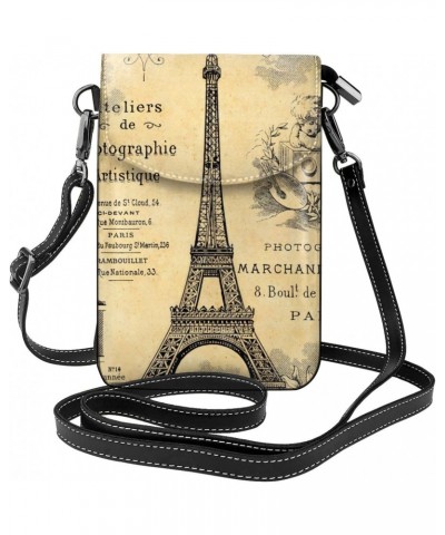 Eiffel tower with vintage pattern border Leather Small Crossbody Bags for Women Cell Phone Bag Wallet Purses $16.65 Crossbody...