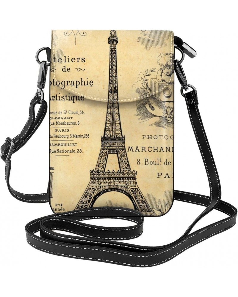 Eiffel tower with vintage pattern border Leather Small Crossbody Bags for Women Cell Phone Bag Wallet Purses $16.65 Crossbody...