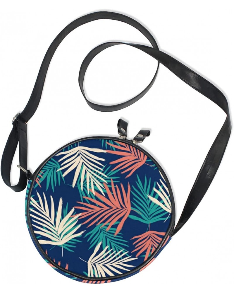 Tropical Boho Palm Leaves Crossbody Bag Small Canvas Shoulder Round Bag for Women $9.68 Shoulder Bags