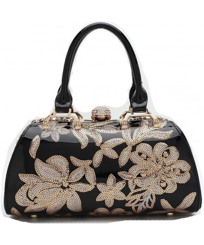 Handbags for Women Shiny Patent Leather&Embroidery Evening Bag Top Handle Handbag Purse Satchel Ladies Shoulder Bag Black $40...