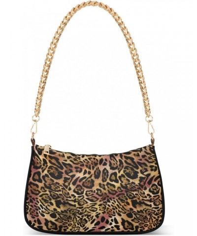 Brown Pink Leopard Print Small Chain Shoulder Bag for Women Travel Hobo Tote Handbag Clutch Purse with Zipper $12.00 Totes