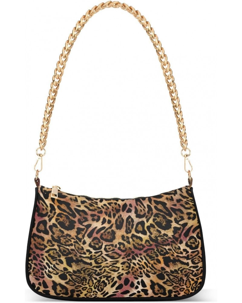 Brown Pink Leopard Print Small Chain Shoulder Bag for Women Travel Hobo Tote Handbag Clutch Purse with Zipper $12.00 Totes