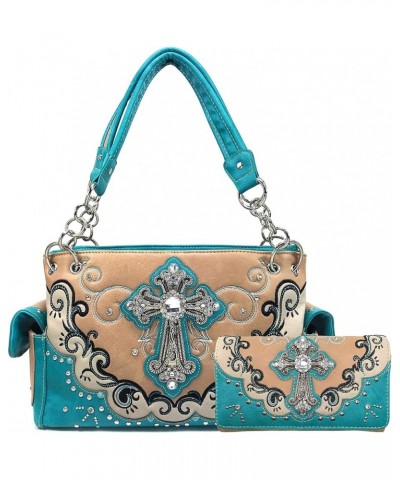 Western Silver Rhinestone Cross Women Conceal Carry Handbag Wallet Set Tan $34.04 Shoulder Bags