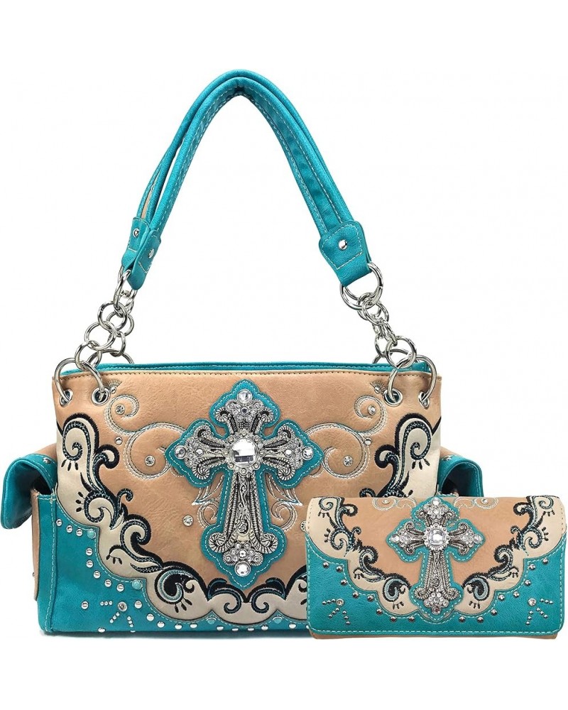 Western Silver Rhinestone Cross Women Conceal Carry Handbag Wallet Set Tan $34.04 Shoulder Bags