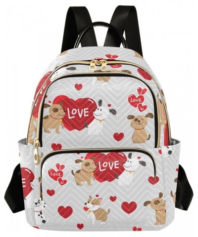 Couple Dogs Love Pattern Mini Backpack Purse for Women, Valentines Puppy Red Heart Travel Backpack Fashion Backpack Lightweig...