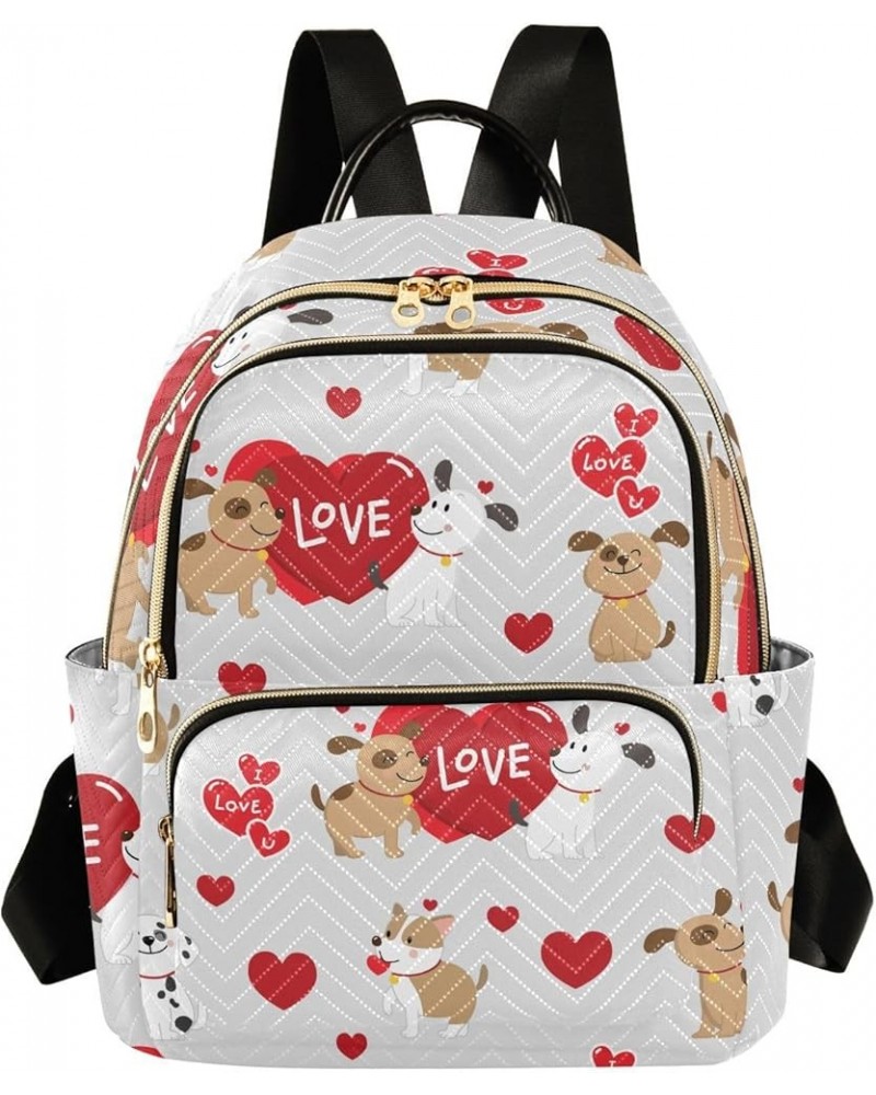 Couple Dogs Love Pattern Mini Backpack Purse for Women, Valentines Puppy Red Heart Travel Backpack Fashion Backpack Lightweig...