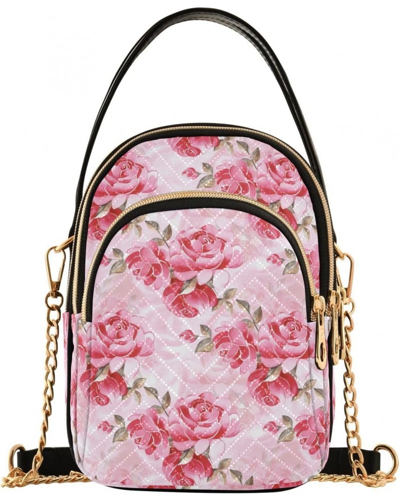 Pink Peonies Small Crossbody Handbag for Women Mini Over Shoulder Purse with Three Zippered Pockets Durable Travel Purse for ...