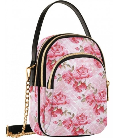 Pink Peonies Small Crossbody Handbag for Women Mini Over Shoulder Purse with Three Zippered Pockets Durable Travel Purse for ...