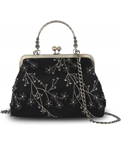 Floral Top Handle Handbag Chain Strap Women Kiss Lock Canvas Frame Shoulder Bag 3d-black-flower $17.64 Shoulder Bags