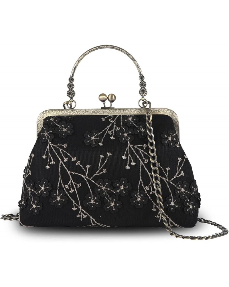 Floral Top Handle Handbag Chain Strap Women Kiss Lock Canvas Frame Shoulder Bag 3d-black-flower $17.64 Shoulder Bags