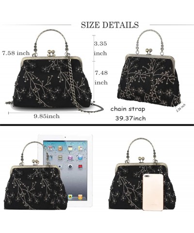 Floral Top Handle Handbag Chain Strap Women Kiss Lock Canvas Frame Shoulder Bag 3d-black-flower $17.64 Shoulder Bags