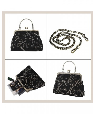 Floral Top Handle Handbag Chain Strap Women Kiss Lock Canvas Frame Shoulder Bag 3d-black-flower $17.64 Shoulder Bags