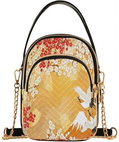 Japanese Crane Flower Yellow Crossbody Bag Small Shoulder Handbags Leather Purse for Women $11.70 Crossbody Bags