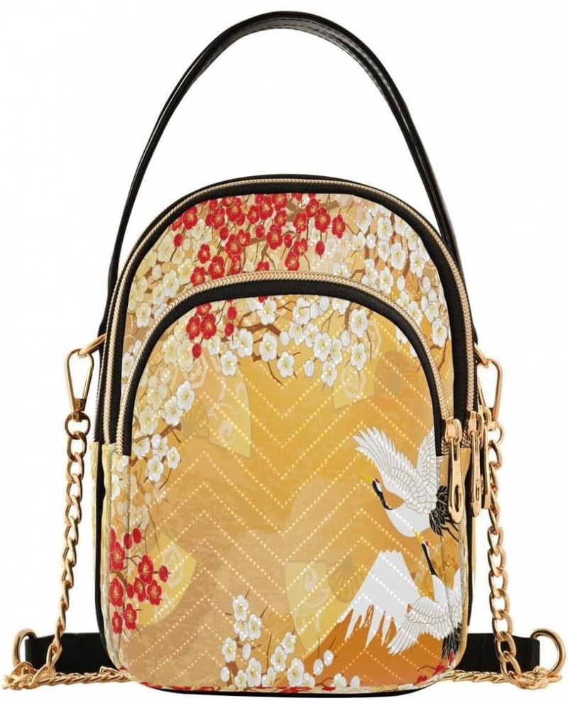 Japanese Crane Flower Yellow Crossbody Bag Small Shoulder Handbags Leather Purse for Women $11.70 Crossbody Bags