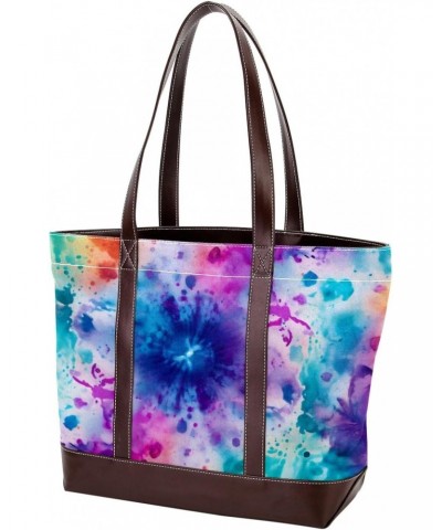 Tie Dye Canvas Leather Mix Hand-Held Tote Bag - Stylish & Spacious 13.3x4.7x12.2 in Shoulder Bag for Versatile Use - Canvas &...