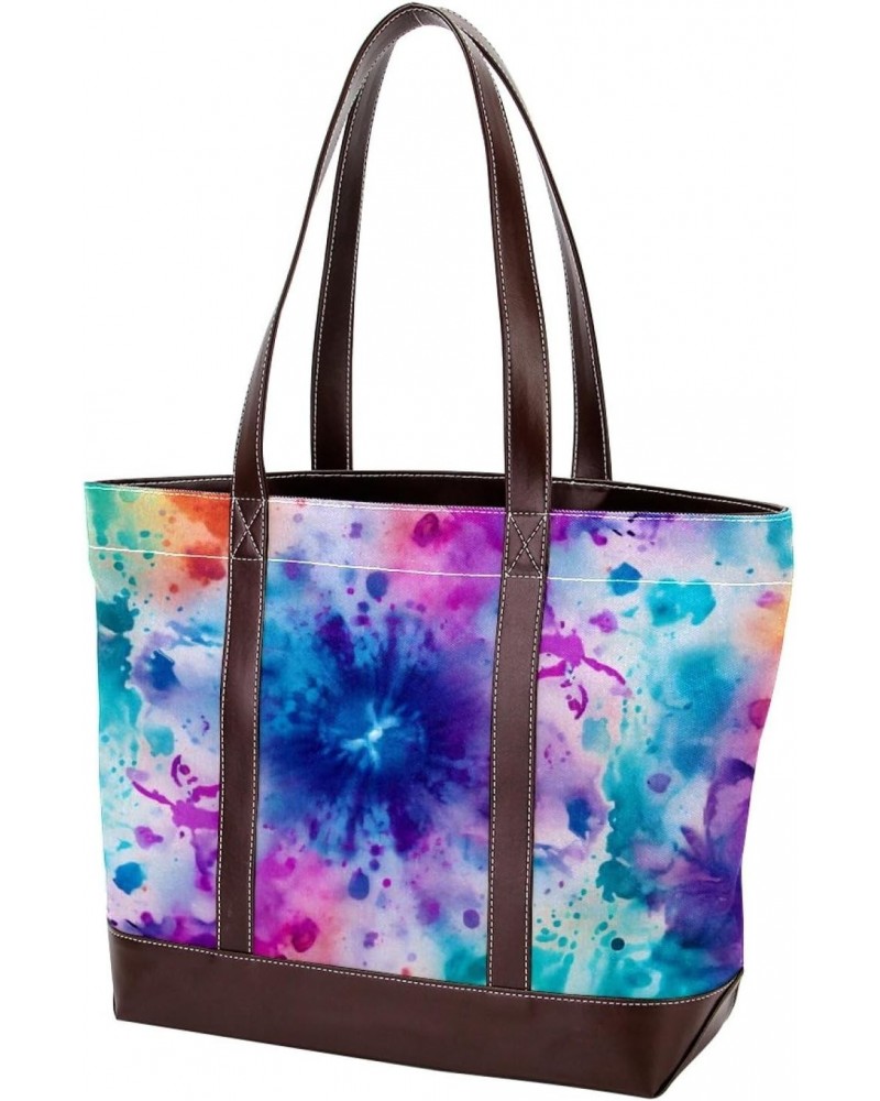 Tie Dye Canvas Leather Mix Hand-Held Tote Bag - Stylish & Spacious 13.3x4.7x12.2 in Shoulder Bag for Versatile Use - Canvas &...