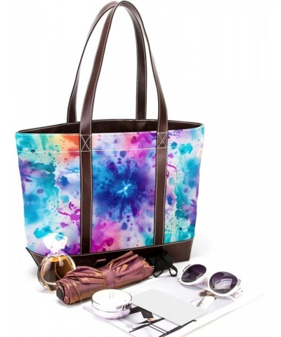 Tie Dye Canvas Leather Mix Hand-Held Tote Bag - Stylish & Spacious 13.3x4.7x12.2 in Shoulder Bag for Versatile Use - Canvas &...