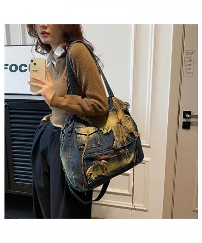 Women Vintage Large Denim Crossbody Shoulder Bag Cute Zipper Tote Handbag Casual Messenger Bag for School Dark Blue $15.57 Totes