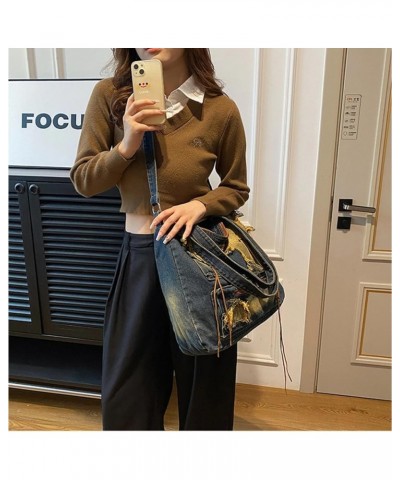 Women Vintage Large Denim Crossbody Shoulder Bag Cute Zipper Tote Handbag Casual Messenger Bag for School Dark Blue $15.57 Totes