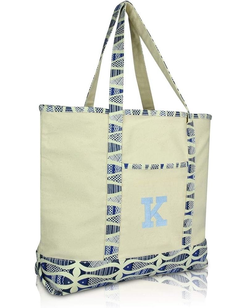 Initial Tote Bag Personalized Monogram Zippered Top Letter - K Blue Antique Fish $10.00 Totes