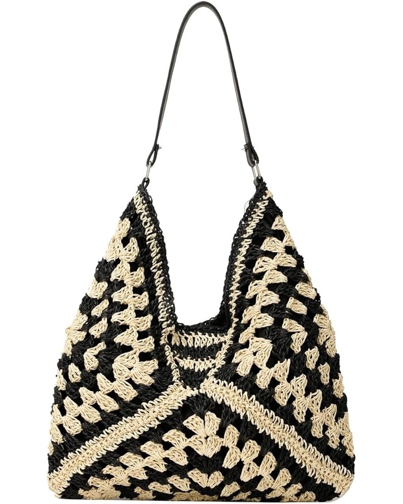 Straw Hobo Bags Women Straw Beach Tote Bag Woven Shoulder Bag Handmade Summer Handbag Black $12.87 Totes