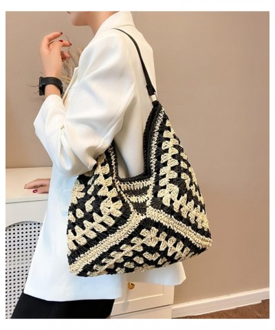 Straw Hobo Bags Women Straw Beach Tote Bag Woven Shoulder Bag Handmade Summer Handbag Black $12.87 Totes