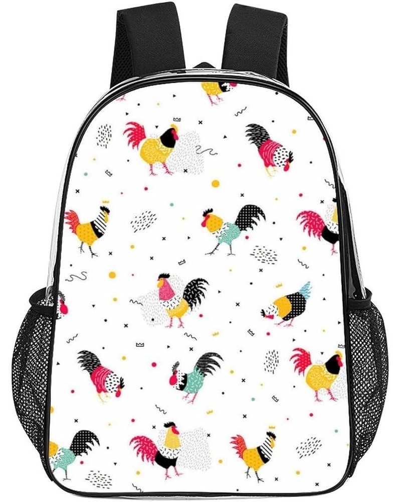 Clear Backpack Compatible with Rooster Cock Chicken Bird Floral Red White Heavy Duty PVC Transparent Backpack with Reinforced...