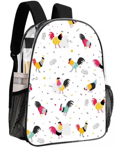 Clear Backpack Compatible with Rooster Cock Chicken Bird Floral Red White Heavy Duty PVC Transparent Backpack with Reinforced...