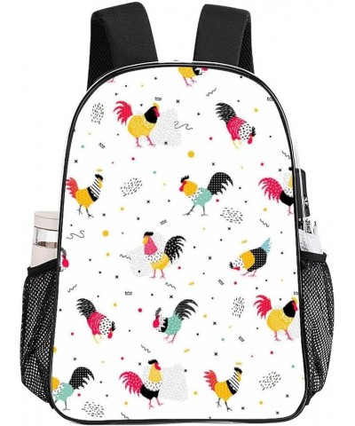 Clear Backpack Compatible with Rooster Cock Chicken Bird Floral Red White Heavy Duty PVC Transparent Backpack with Reinforced...