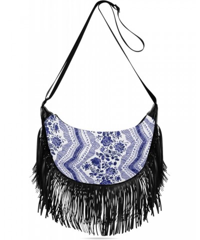 Women's Fringe Crossbody Tassel Purse Stripes with Blue Floral Hobo Shoulder Bags Crossbody Handbag with Adjustable Shoulder ...