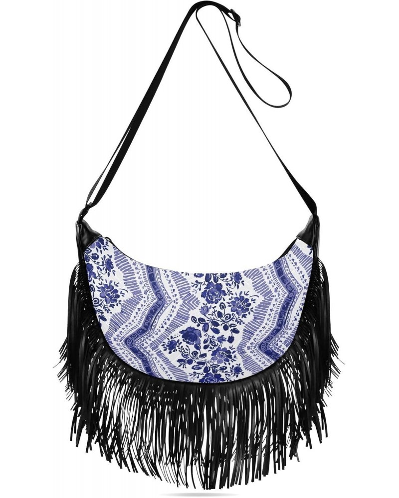 Women's Fringe Crossbody Tassel Purse Stripes with Blue Floral Hobo Shoulder Bags Crossbody Handbag with Adjustable Shoulder ...