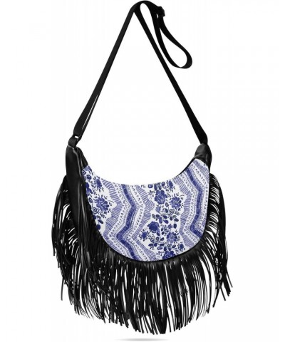 Women's Fringe Crossbody Tassel Purse Stripes with Blue Floral Hobo Shoulder Bags Crossbody Handbag with Adjustable Shoulder ...