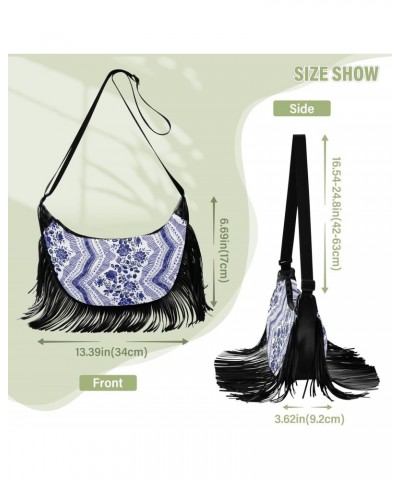 Women's Fringe Crossbody Tassel Purse Stripes with Blue Floral Hobo Shoulder Bags Crossbody Handbag with Adjustable Shoulder ...