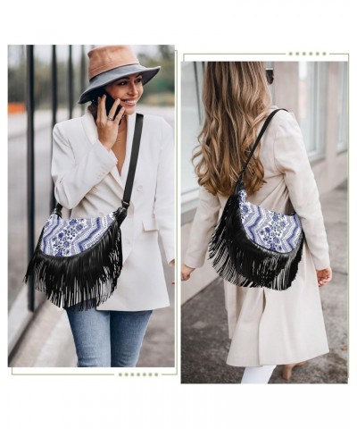 Women's Fringe Crossbody Tassel Purse Stripes with Blue Floral Hobo Shoulder Bags Crossbody Handbag with Adjustable Shoulder ...