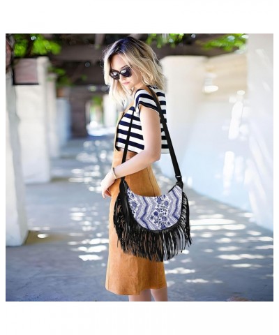 Women's Fringe Crossbody Tassel Purse Stripes with Blue Floral Hobo Shoulder Bags Crossbody Handbag with Adjustable Shoulder ...